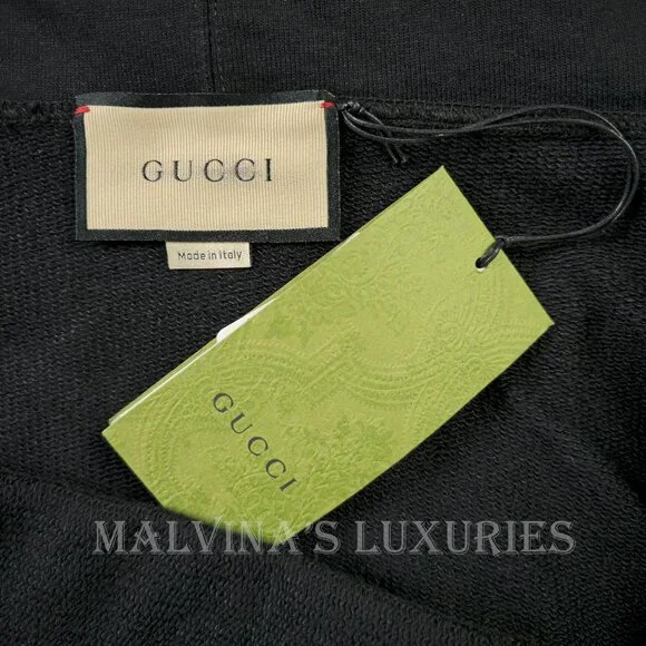 GUCCI MENS SWEATSHIRT BLACK COTTON HOODIE w BLADE LOGO sz L LARGE